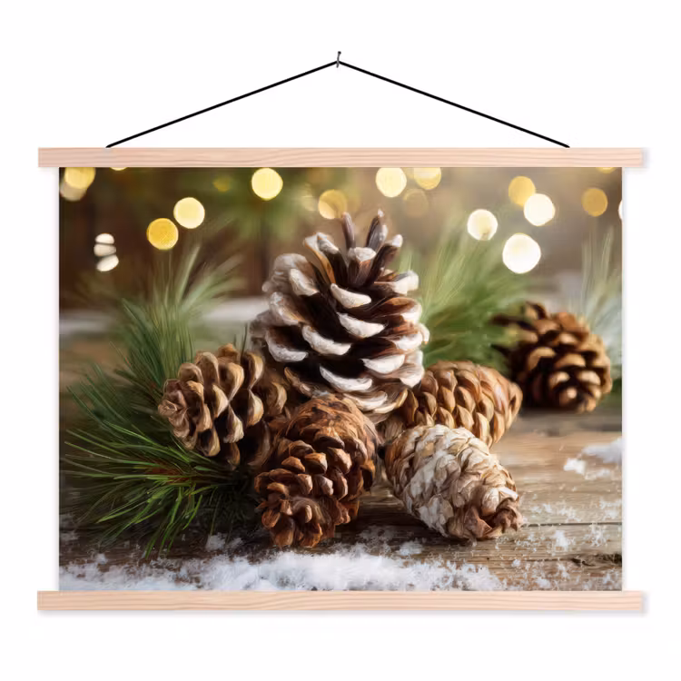 Dennenappels - Kerstsfeer - Bruin - Groen textielposter latten blank klein -3d