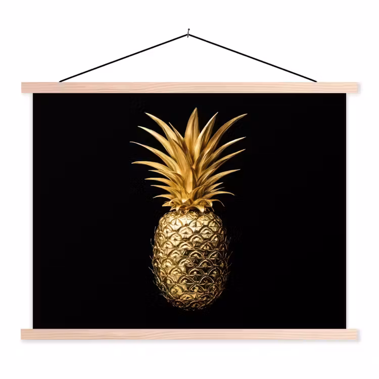 Ananas - Zwart - Goud - Luxe textielposter latten blank klein -3d
