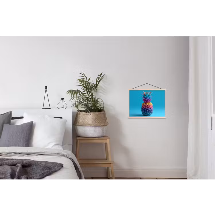 Ananas - Regenboog - Blauw - Popart textielposter latten blank klein -woonkamer