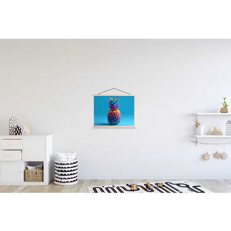 Ananas - Regenboog - Blauw - Popart textielposter latten blank klein -kinderkamer