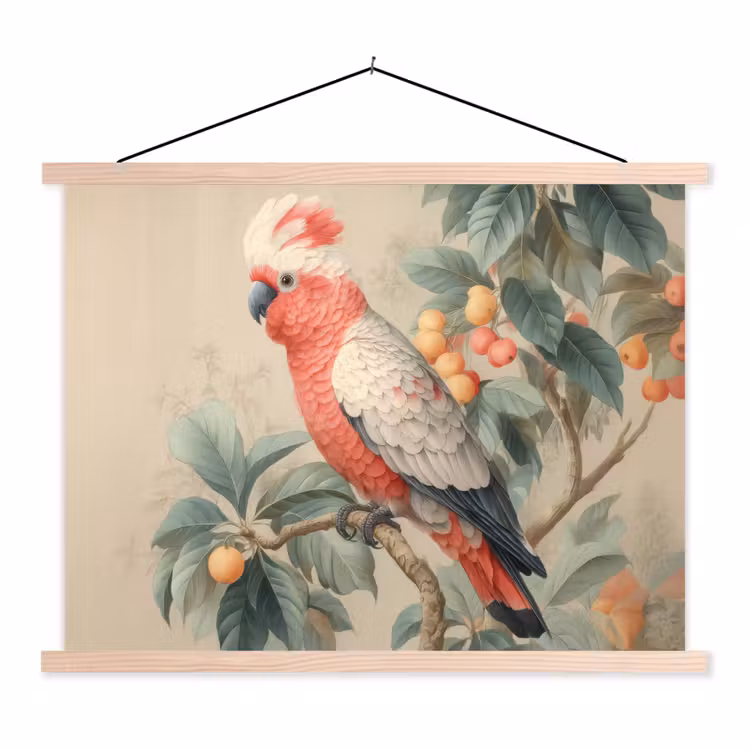 Roze kuifkaketoe - Tak met vruchten - Bladeren textielposter latten blank klein -3d