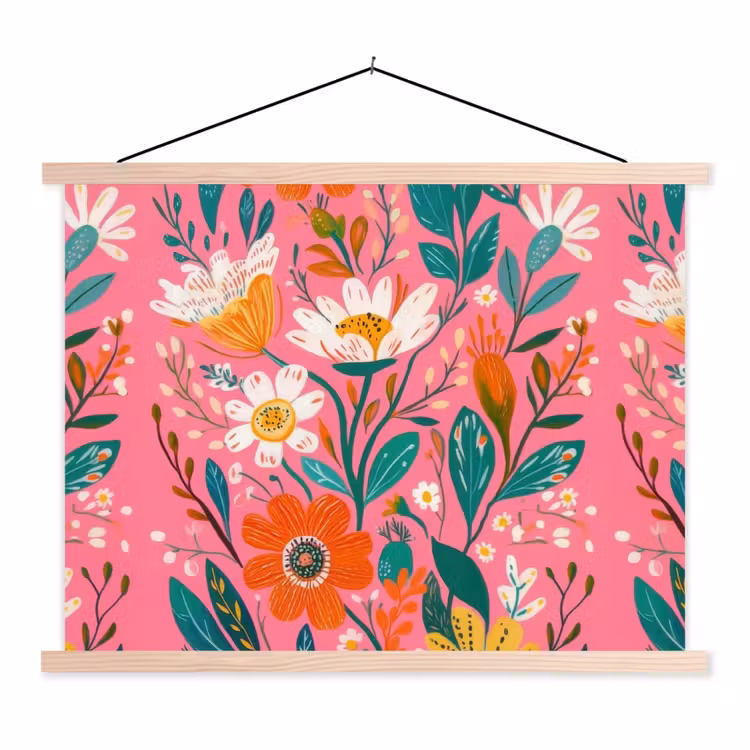 Roze - Bloemen - Wit - Oranje textielposter latten blank klein -3d