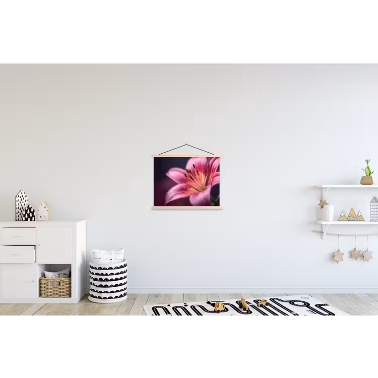 Roze - lelie - Dauwdruppels textielposter latten blank klein -kinderkamer