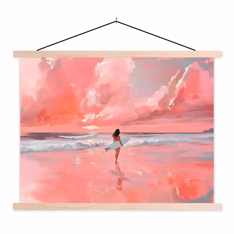 Roze - Surfen - Zee textielposter latten blank klein -3d