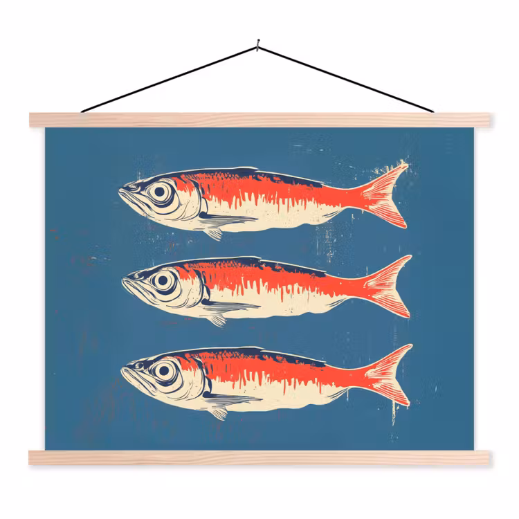 Vissen - Rood - Blauw textielposter latten blank klein -3d