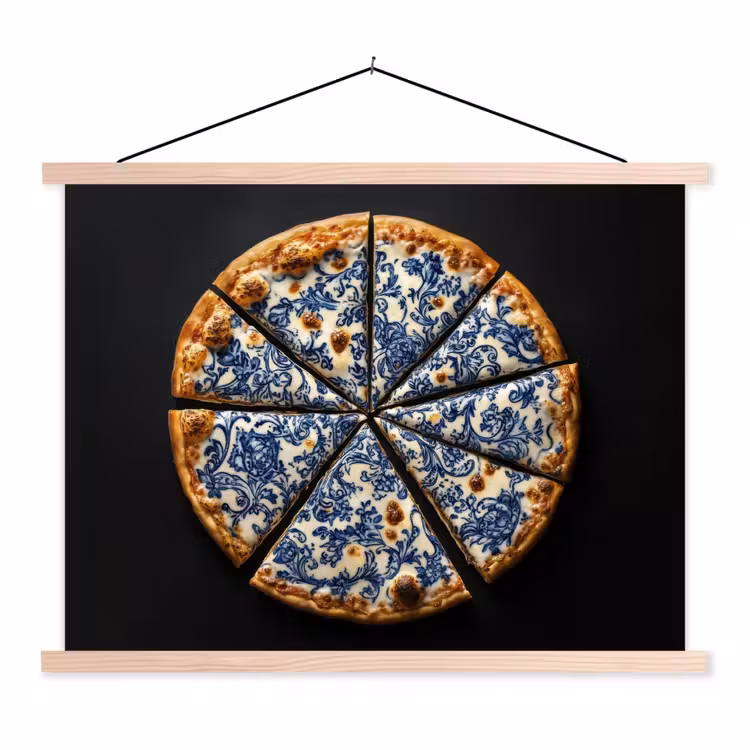Pizza - Eten - Delftsblauw textielposter latten blank klein -3d