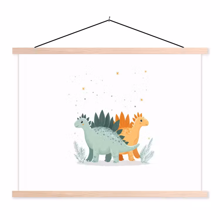 Planten - Sterren - Dinosaurussen - Oranje textielposter latten blank klein -3d