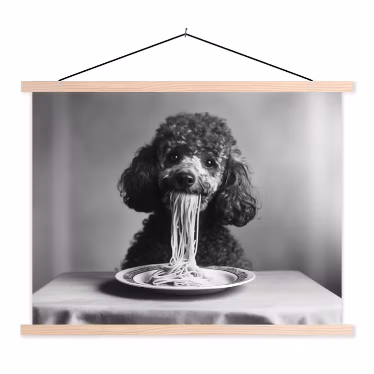 Poedel - Hond - Zwart - Wit - Schattig - Pasta textielposter latten blank klein -3d