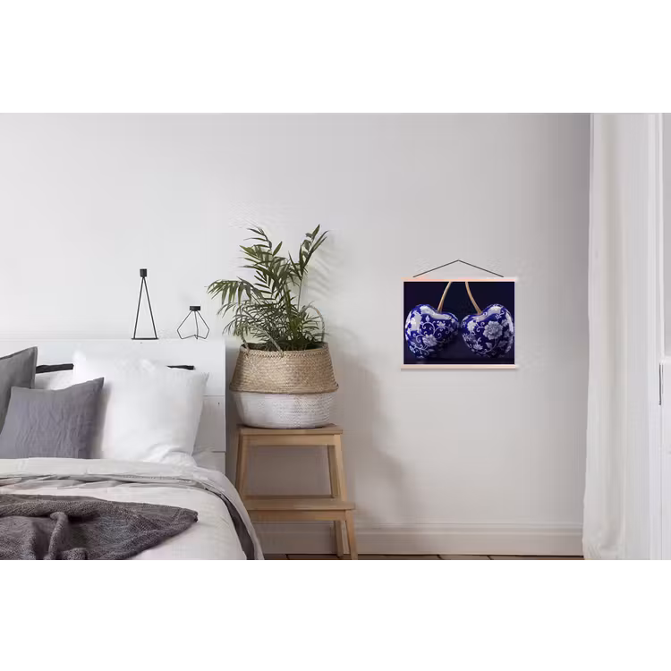 Porselein- Kersen - Delfts - Blauw textielposter latten blank klein -woonkamer