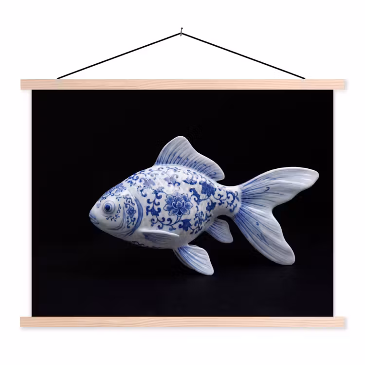 Porselein - Goudvis - Delfts - Blauw textielposter latten blank klein -3d