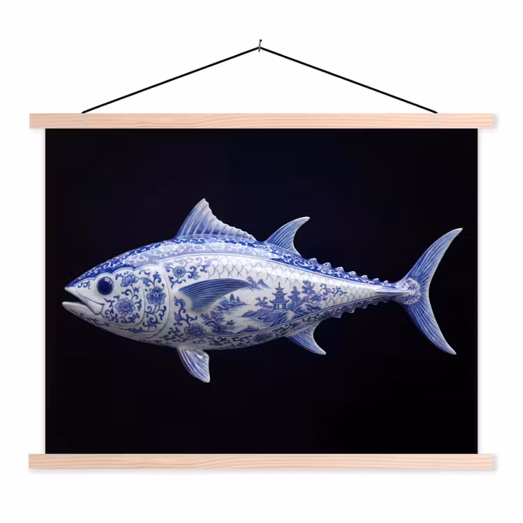 Porselein - Tonijn - Delfts - Blauw textielposter latten blank klein -3d