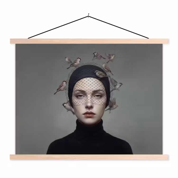 Portret - Vogels - Zwart textielposter latten blank klein -3d