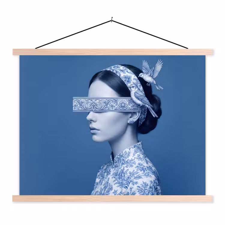 Portret - Klassiek - Wit - Blauw textielposter latten blank klein -3d