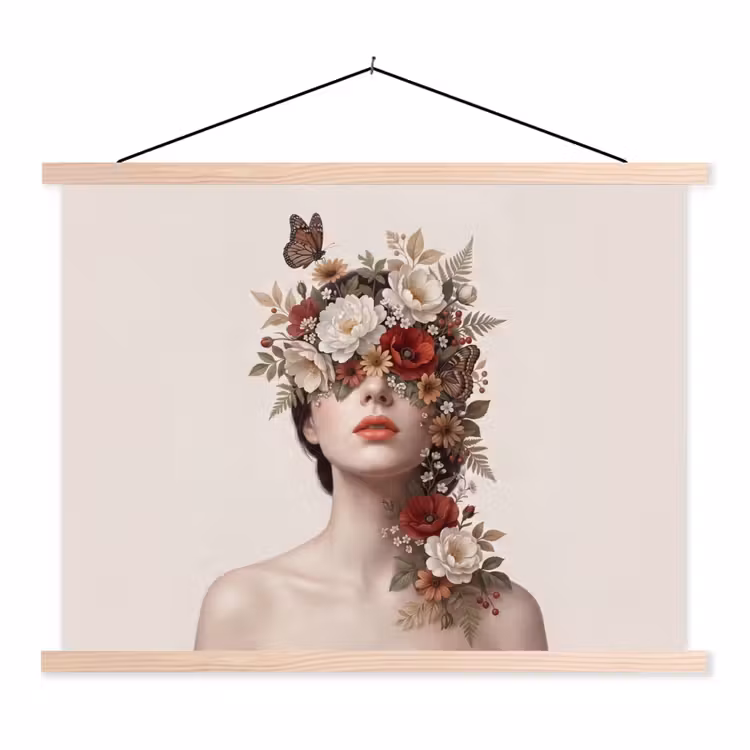 Portret - Bloemen - Cremé textielposter latten blank klein -3d