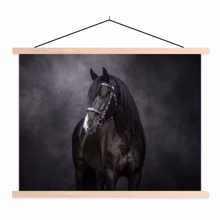 Portret - Paard - Zwart textielposter latten blank klein -3d