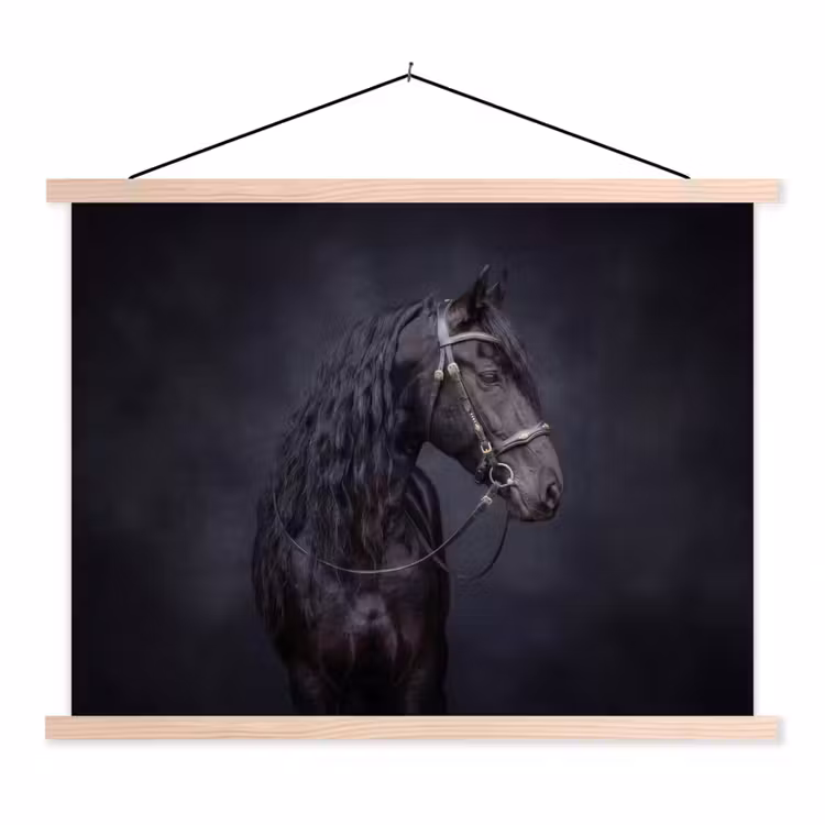 Portret - Paard - Donker textielposter latten blank klein -3d