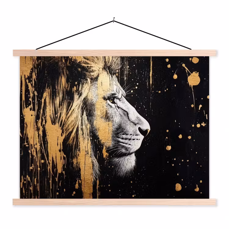 Portret - Leeuw - Abstract - Goud textielposter latten blank klein -3d