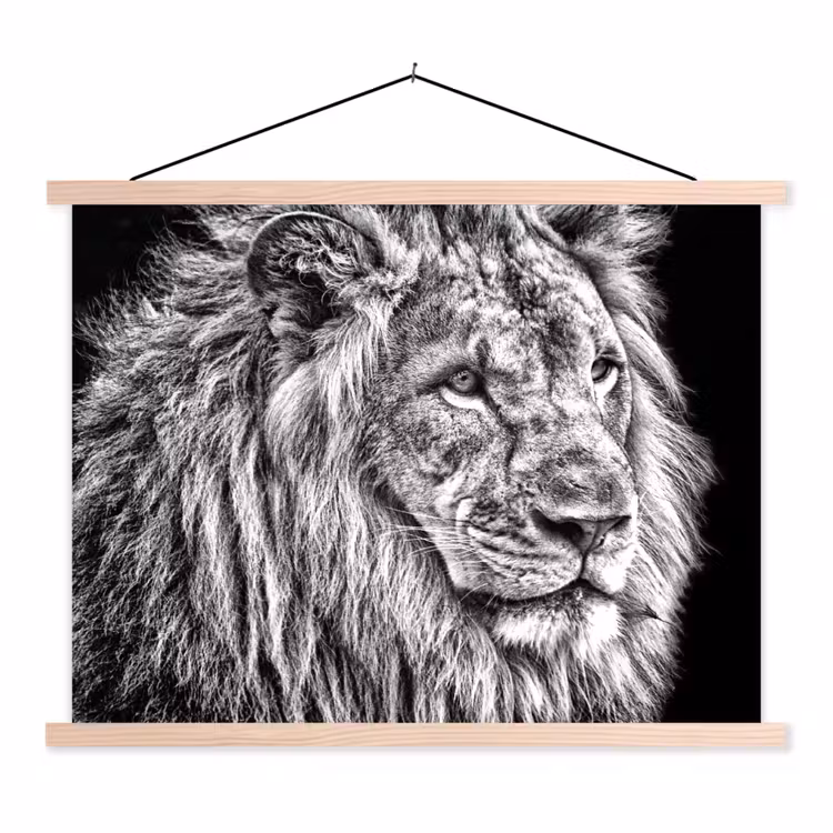 Portret - Leeuw - Zwart wit textielposter latten blank klein -3d