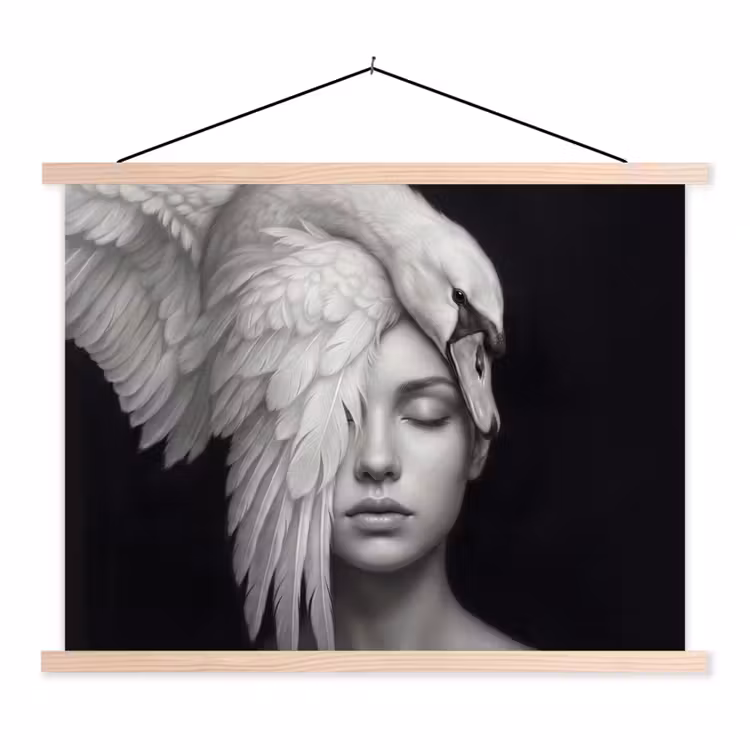 Portret - Zwaan - Zwart - Wit textielposter latten blank klein -3d