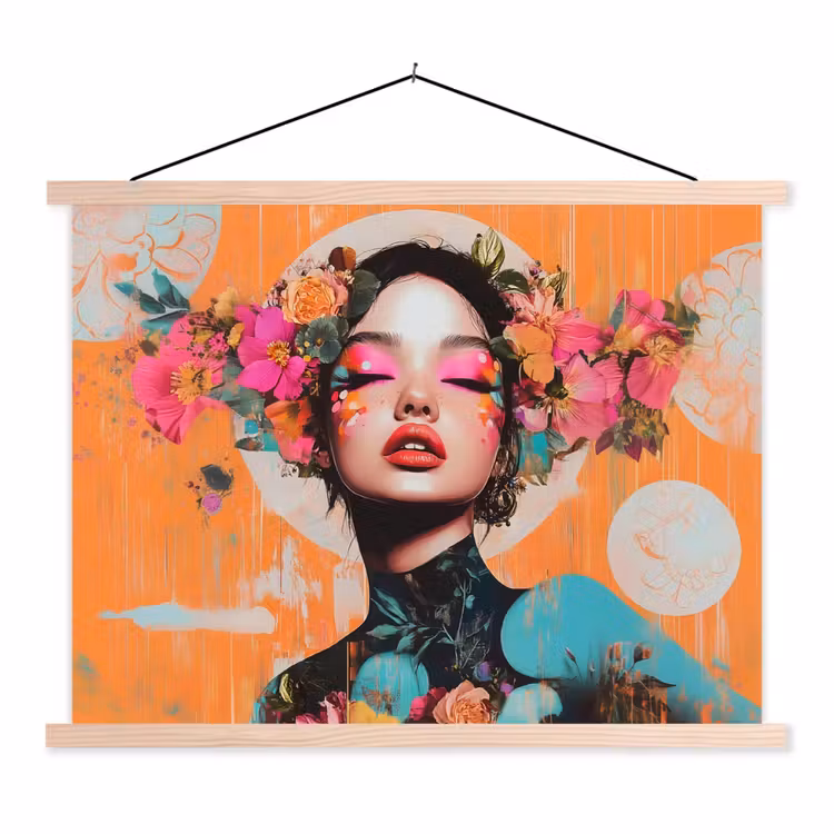 Portret - Vrouw - Abstract - Bloemen textielposter latten blank klein -3d