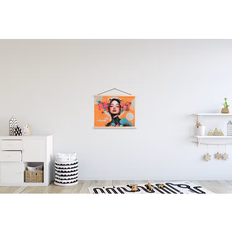 Portret - Vrouw - Abstract - Bloemen textielposter latten blank klein -kinderkamer