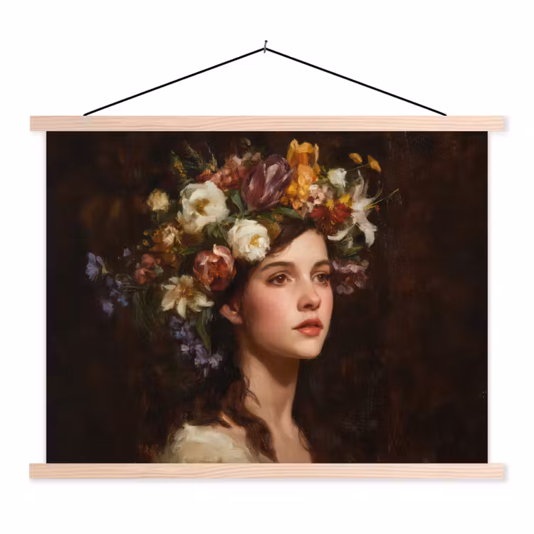 Portret - Vrouw - Bloemen textielposter latten blank klein -3d