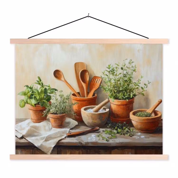 Potten - Kruiden - Hout textielposter latten blank klein -3d