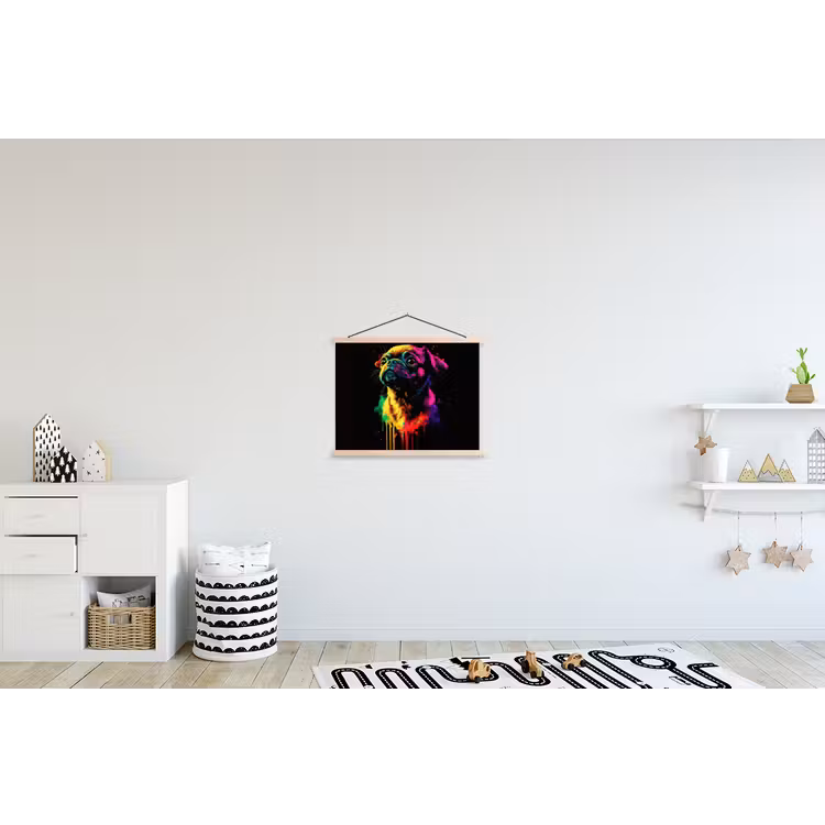 Puck - Hond - Verf - Kleuren textielposter latten blank klein -kinderkamer