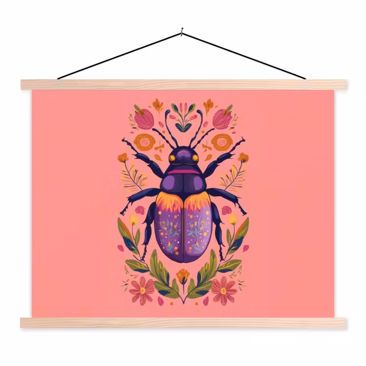 Paars - Kever - Stipjes - Bloemen textielposter latten blank klein -3d