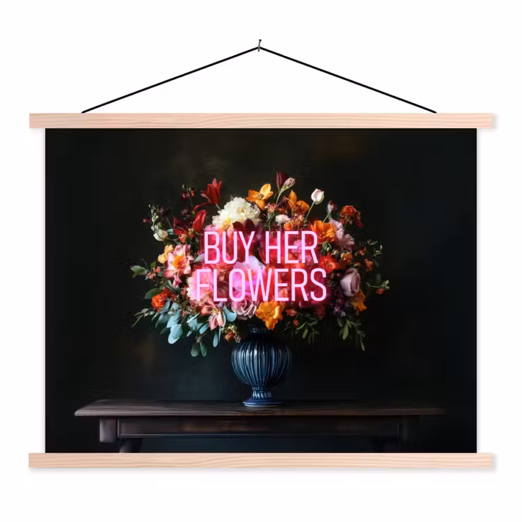 Quote - Bloemen - Vaas - Neon textielposter latten blank klein -3d