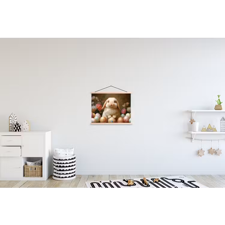 Konijn - Paaseieren - Stilleven textielposter latten blank klein -kinderkamer