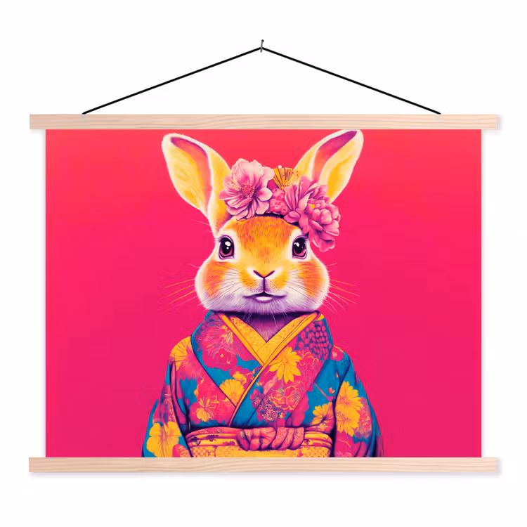Konijn - Bloemen - Kleurrijk - Kimono textielposter latten blank klein -3d