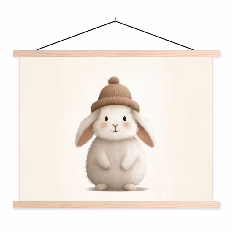 Konijn - Muts - Oren - Beige textielposter latten blank klein -3d