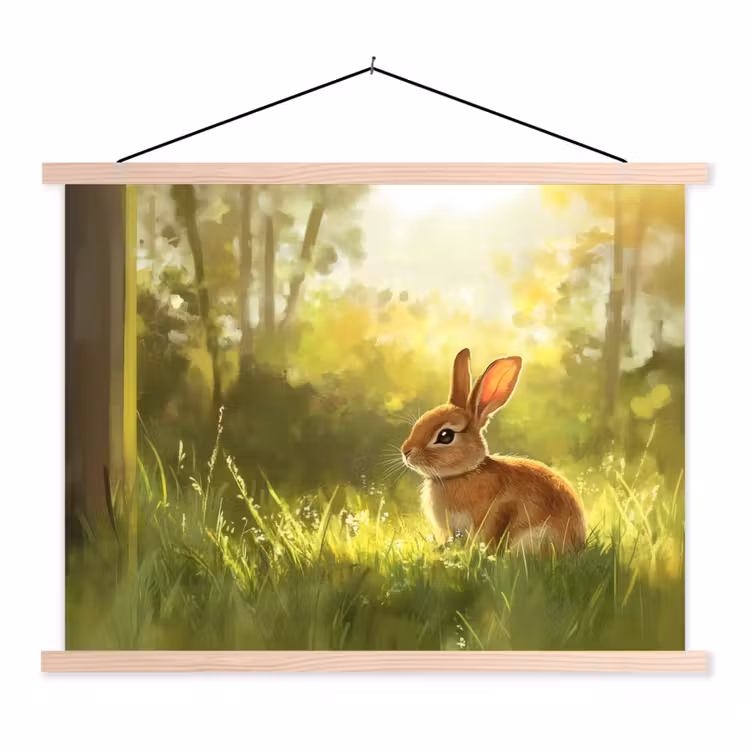 Konijn - Zonlicht - Bos textielposter latten blank klein -3d