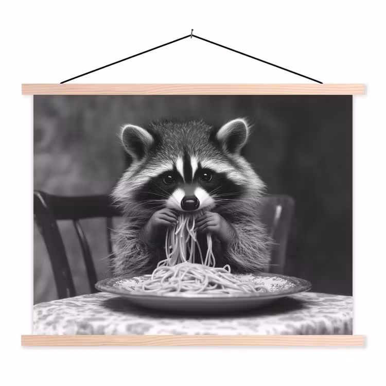 Wasbeer - Cute - Pasta - Tafelkleed - Zwart - Wit textielposter latten blank klein -3d