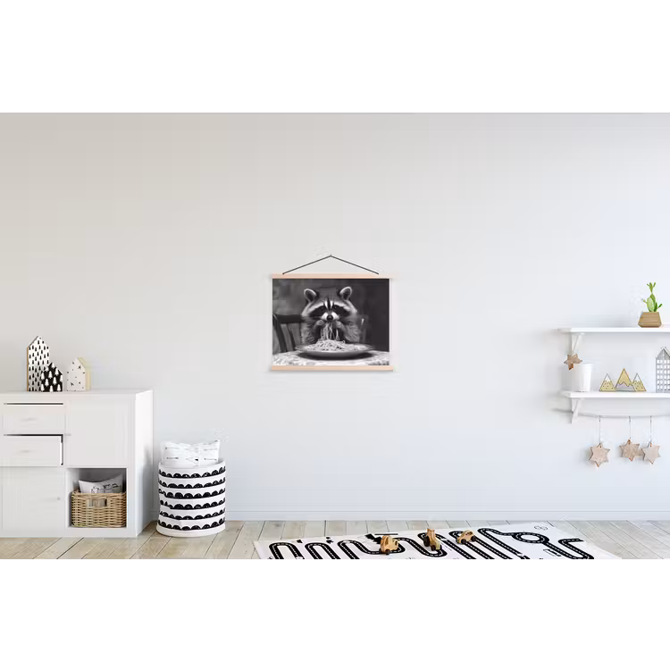 Wasbeer - Cute - Pasta - Tafelkleed - Zwart - Wit textielposter latten blank klein -kinderkamer