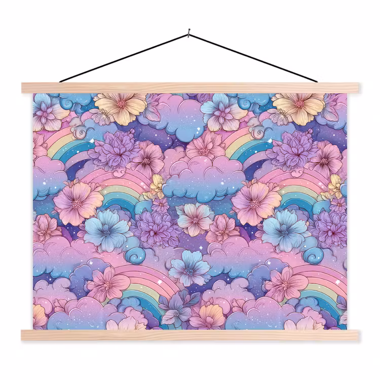 Regenbogen - Bloemen - Kleurrijk - Wolken textielposter latten blank klein -3d