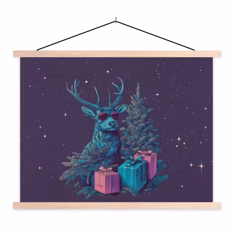 Rendier - Zonnebril - Neon - Kerstboom textielposter latten blank klein -3d