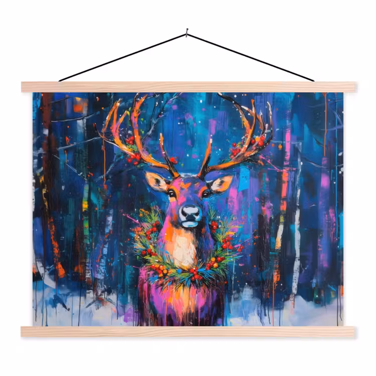 Rendier - Krans - Sprookjesachtig - Blauw textielposter latten blank klein -3d