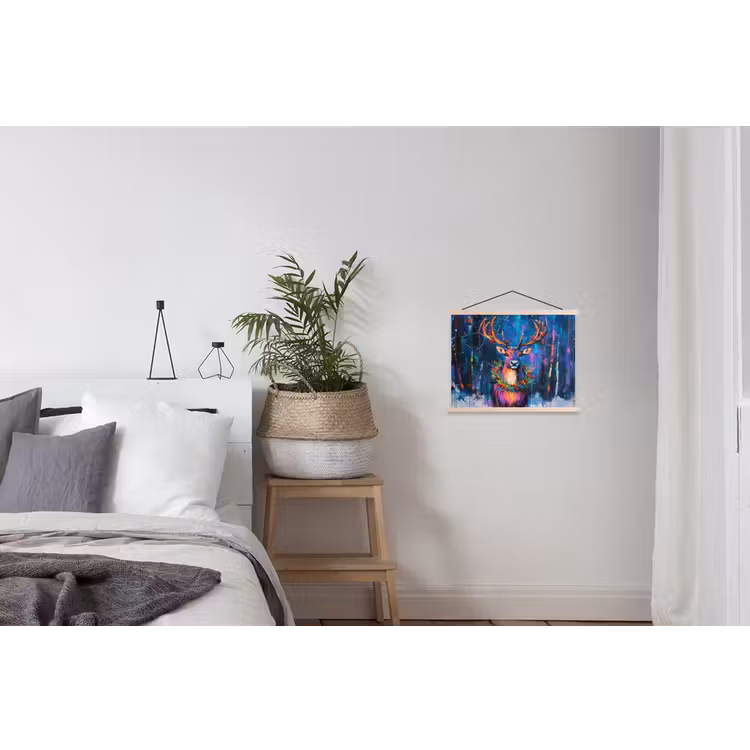 Rendier - Krans - Sprookjesachtig - Blauw textielposter latten blank klein -woonkamer