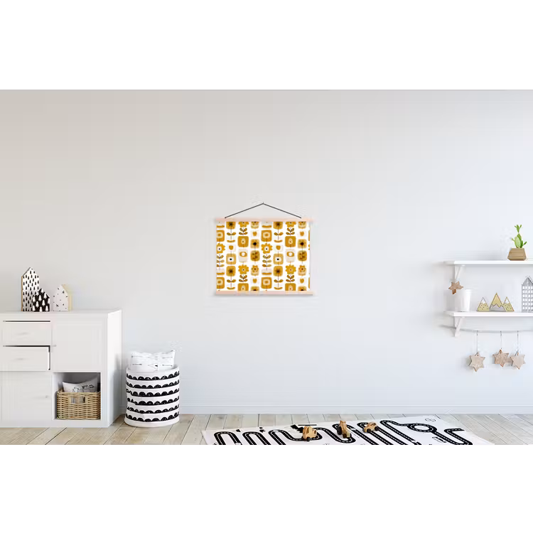 Retro - Abstract - Bloemen - Okergeel textielposter latten blank klein 122 -kinderkamer