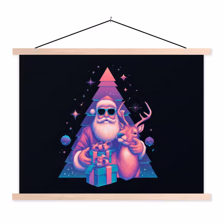 Retro - Kerstman - Rendieren - Kerstboom textielposter latten blank klein -3d