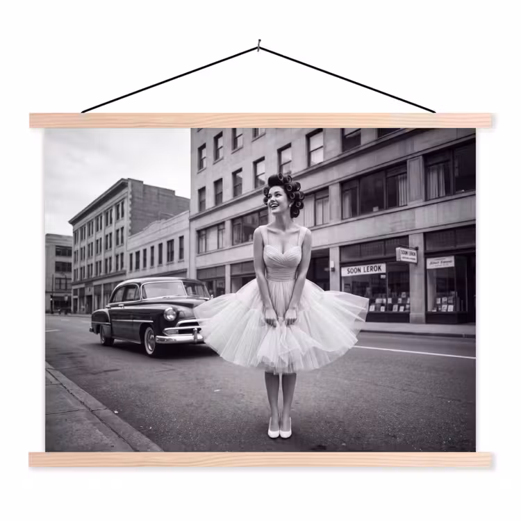 Retro - Vrouw - Zwart - Wit textielposter latten blank klein -3d