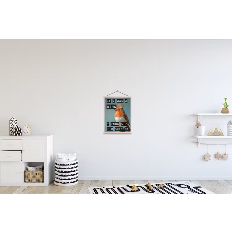 Roodborstje - Vogel - Blauw - Decoratie textielposter latten blank klein -kinderkamer