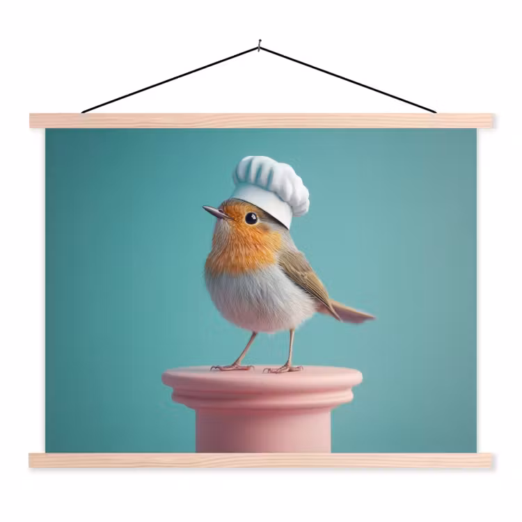 Roodborstje - Vogel - Koksmuts - Sokkel textielposter latten blank klein -3d