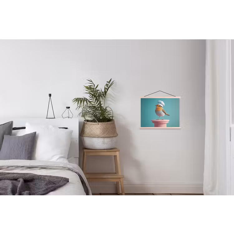 Roodborstje - Vogel - Koksmuts - Sokkel textielposter latten blank klein -woonkamer