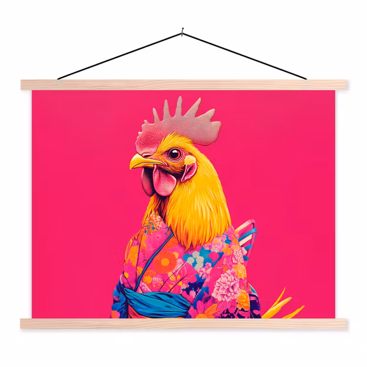 Haan - Kleurrijk - Kimono - Roze textielposter latten blank klein -3d