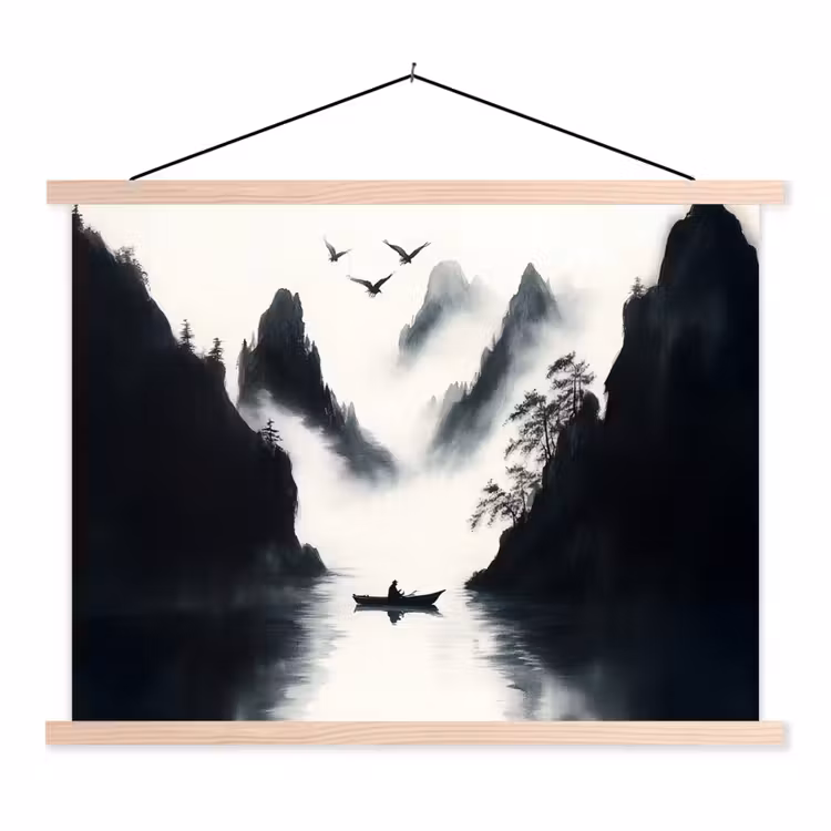 Roeiboot - Mistig - Bergen - Vogels textielposter latten blank klein -3d