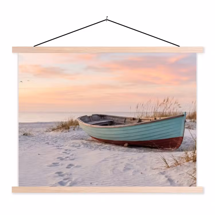 Rustiek - Roeiboot - Zandstrand textielposter latten blank klein -3d