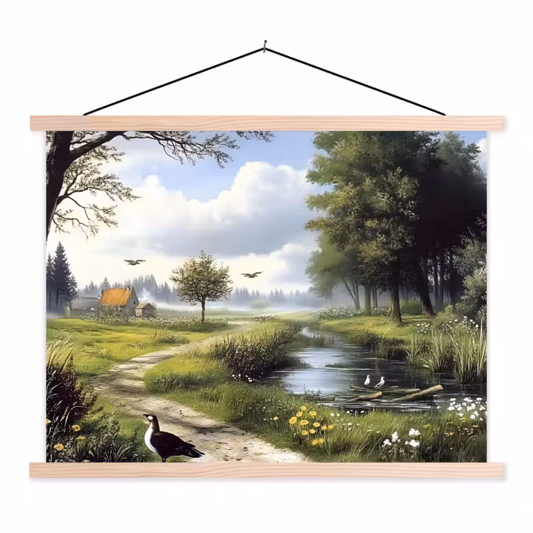 Zandpad - Groen landschap - Water textielposter latten blank klein -3d